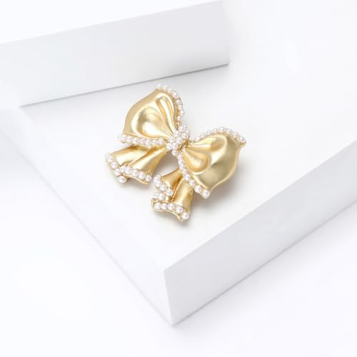 Image of Cute Pearl Bow Knot Lapel Brooch Pin for Women Girls 14K Gold Plated Ribbon Bowknot Brooches Pins Elegant for Sweater Hat Dresses Suit Badges Clothes Accessories Jewelry