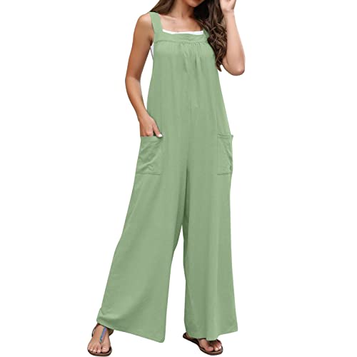 Hanaturu Mono de algodón y lino para mujer, informal, holgado, sin mangas, tirantes ajustables, pantalones de pierna ancha, mono con bolsillos, verde menta, L