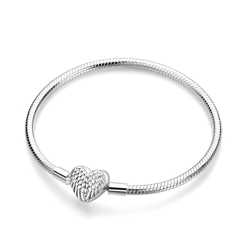 XWN 925 Silver Bracelet for Women Pandora Moments Series Snake Chain Bracelet Compatible with Pandora Charms an Ideal Jewelry Gift for Women.(Wing 21CM)