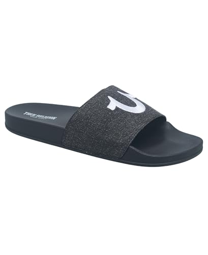 True Religion Men’s Logo Slide Sandals – Cushioned Comfort with Bold Horseshoe Strap - Black Size 11