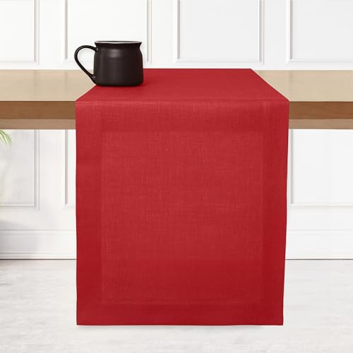 D'Moksha Homes Camino de mesa de lino de 14 x 48 pulgadas, 100 % lino puro, color rojo brillante, lavable a máquina, camino de mesa de granja para decoración de Navidad, Año Nuevo