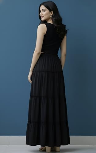 Image of Women's Rayon Full Length Maxi Skirt | Solid Black & White Regular Fit Skirt with Elasticated Waistband and Drawstring