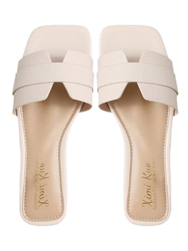 OYOANGLE Women's Square Open Toe Leather Slide Sandals Single Band Summer Dressy Slides