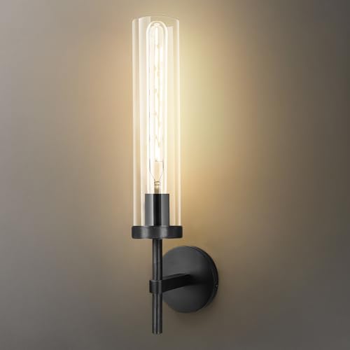 Image of Black Wall Sconce, 19.48'' Brushed Brass Knurled Bathroom Sconces Wall Lighting Vanity Light with Clear Glass, Indoor Wall Mount Light for Living Room Mirror Bedroom Stairs