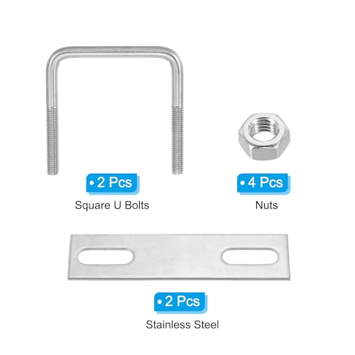 Image of PATIKIL M8x65x65mm Square U-Bolts Kit, 2Set 304 Stainless Steel Square U Shaped Bolts Replacement Parts with Frame Plates and Nuts for Ski Board Sailboat Trailer