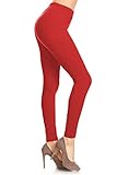 Leggings Depot Womens 1' Waistband High Waisted Solid Leggings Pants (Full Length, Red, One Size)