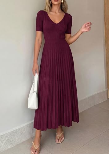PRETTYGARDEN Women's 2026 Spring Midi Sweater Dresses Elegant Pleated Ribbed Knit Short Sleeve V Neck A Line Summer Outfits (Burgundy,Small) - image 2