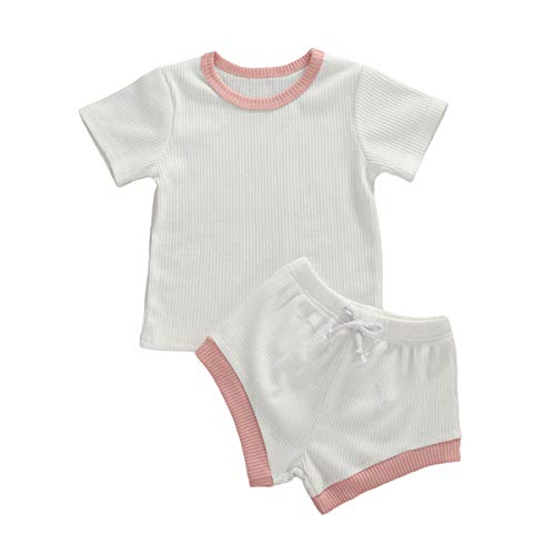 CandyTT Newborn Baby Girl Shorts Set Infant Ribbed Cotton Short Sleeve Shirt + Bloomers 2 Pieces Summer Clothes Outfits White-Pink 12-18 Months