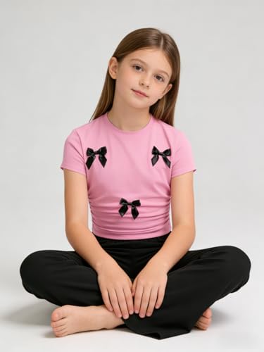 Image of Girls Clothes 2 Piece Short Sleeve Lace Bow Print Tops Flared Pants Set Little Girl Outfits Size 7-14