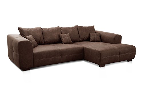 Cavadore Ecksofa Mavericco / XXL Eckcouch Inkl. Rückenkissen und Zierkissen / Longchair rechts / Industrial Style / 285 x 69 x 170 (BxHxT) / Mikrofaser Braun