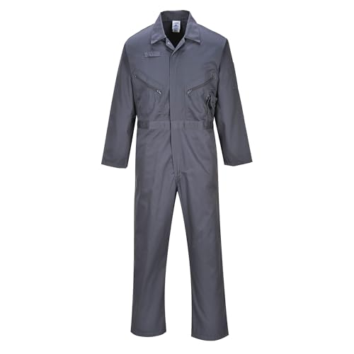 Image of Portwest C813 Liverpool Zipper Coverall with Front Snap Closure and 2 Way Zipper, Graphite, SmallR | Graphite Gray, Small, Regular Fit, 65% Polyester, 35% Cotton, Durable Polycotton Pre-Shrunk Fabric, Action Back, Construction
