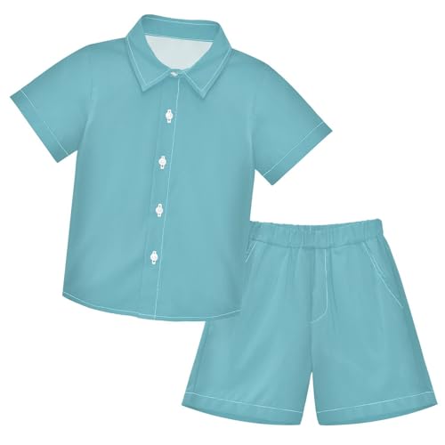 Turquoise Blue Short Sleeve Hawaiian Button Down Shirts and Short Sets for Boys Casual Toddler Summer Outfits