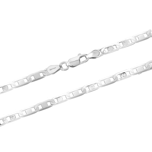 LeCalla Links Solid 925 Sterling Silver Italian 3 MM, 4 MM Diamond-Cut Solid Flat Mariner Link Chain Necklace for Women Men with Lobster Clasp, Made in Italy (16, 18, 20, 22, 24 Inches)