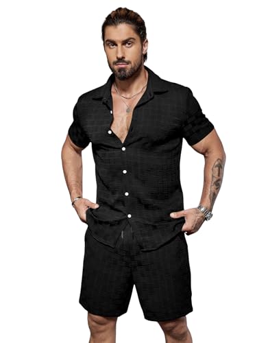 GRECIILOOKS Men’S Summer Casual Two Piece Outfit, Textured Button...