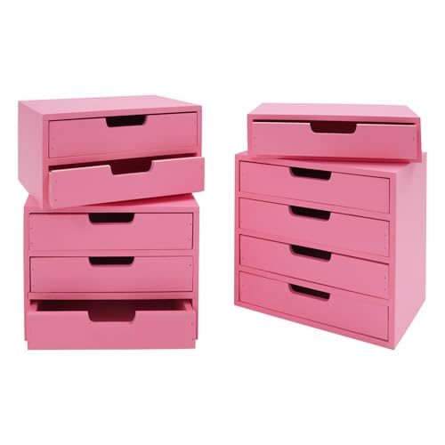 banborba Wooden Desk Organizer, 4Pcs Vintage Tabletop Storage Box with 10 Drawers, Stackable Craft Storage Drawers, Multilevel Apothecary Cabinet, Home Office Filing Cabinet, Rustic Tool Box, Pink