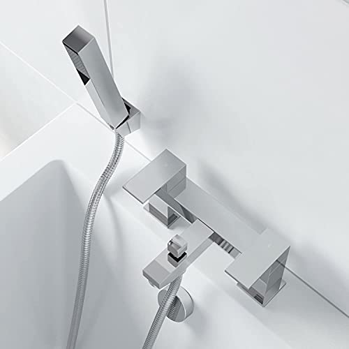 Modern Bathroom Square Bath Shower Mixer Filler Tap with Shower Handset and Hose Attachment Chrome - Image 5