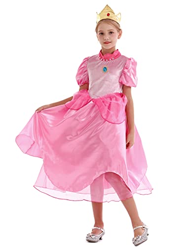 Jurebecia Girls Princess Peach Costume Classic Pink Costumes Dress Up Kids Halloween Birthday Party Outfit Fancy Puff Sleeve Dresses For Role Play Theme Party Pink Size 10/8-9Years #TOP2