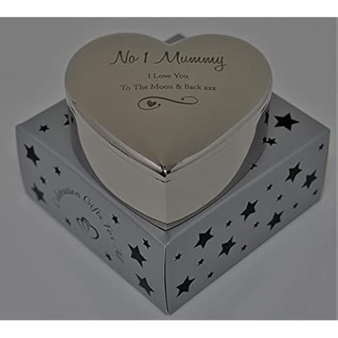 celebrationgiftsforall No 1 Mummy I Love You To The Moon and Back Engraved Heart Jewellery Trinket Box in Silver Presentation Box Cover