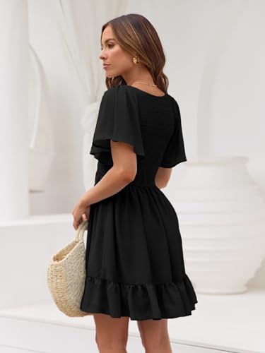 Image of LILLUSORY Women's Flowy Casual Mini Dresses 2026 Summer Graduation Smocked V Neck Vacation Dress Dress with Pockets