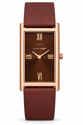 Image of CHARLIEKEEN Rectangular Wristwatch, Black Dial with Rose Gold Roman Numerals, Silicone Strap, Elegant Style (Rose Gold, Brown, Brown)