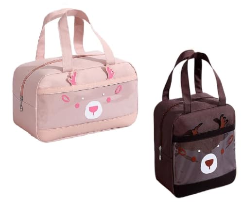 Image of CoolKraft Lunch Bag for School Kids, Girls, Cute Animal Design Bag, Lunch Bag for Office Women Travel Picnic Bag, Insulated Portable Tiffin Bag 29 x 18.5 x 14 cm (Pink + Brown)