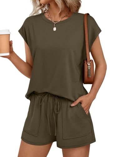 Image of AUTOMET Womens Crew Neck Two Piece Short Sets Cap Sleeve Drawstring Summer Sweatsuit with Pocket