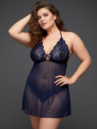 Image of Xs and Os Women's Polyester Spandex Mix & Lace Solid Midi Babydoll Lingerie with Panty