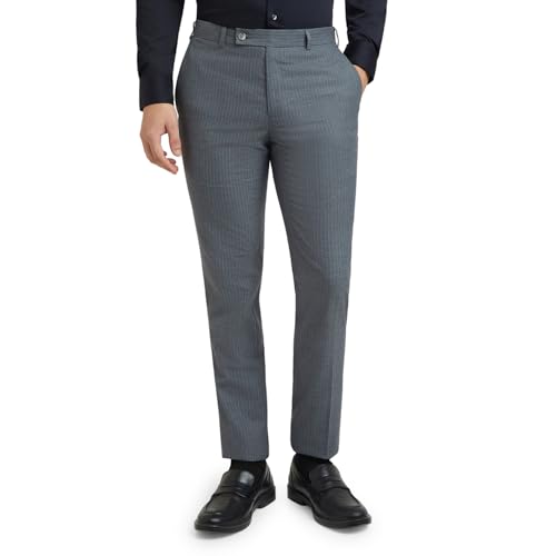 Image of Raymond Men's Mid Rise Slim Fit Stripe Pattern Polyester Blend Flat Front Formal Trouser