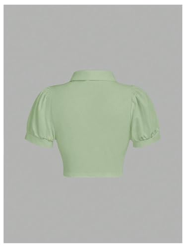 Image of Verdusa Girl's Y2k Cinched Crop Blouse Tie Front Puff Sleeve Ruffle Button Down Collar Shirts