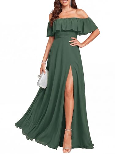 Image of Ever-Pretty Women's Summer Off The Shoulder Flowy Chiffon Formal Wedding Guest Dresses Maxi Side Split Beach Bridesmaid Dress