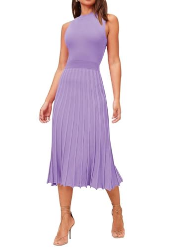 Pink Queen Women Sleeveless Bodycon Pleated Swing Midi Dresses Purple M