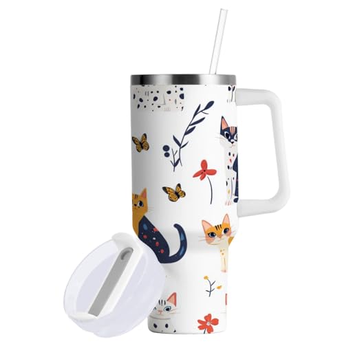 Vaso al vacío de 40 onzas con tapa y pajilla, diseño de dibujos animados de gatos, flores, color blanco, botella de agua corriente con boca ancha, taza de café aislada con tapa para mujeres y hombres