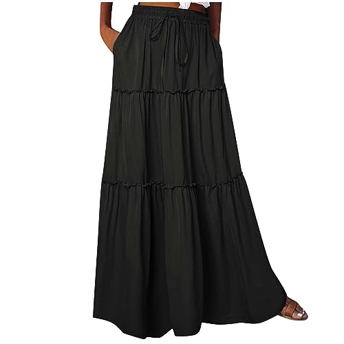 NSICBMNO Summer Skirts for Women UK Long Pleated Skirts Ladies Elasticated Waist Boho Maxi Ruffle Tiered Flared A Line Long Gypsy for Holiday Beach