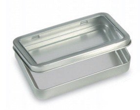 Image of Blank Empty Survival Kit Tin Storage Cases - Rectangular Metal Tin Box with Clear Window Hinged Lid 5.38 inch x 3.5 inch x .9 inch (1 Tin)