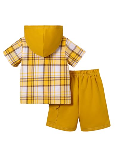 Image of Boys Clothes Shorts Sets Plaid Short Sleeve Hooded Button Shirt and Jogger Shorts for Kids Summer Outfits