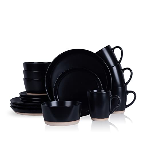 Image of Stone Lain Jules Stoneware 16-Piece Dinnerware Set, Plates and Bowls, Service for 4, Black, Microwave & Dishwasher Safe