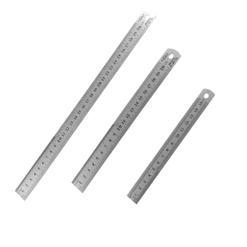 3 Stück Edelstahl Lineale, Metall Lineal Set 15/20/30cm, Stahlmaßstab Doppelseiten Skala Kante Zentimeter & Zoll Stahllineal Messwerkzeug Präzision Herrscher für Engineering Lehre Office Büro Schule