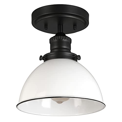 Image of Design House Savannah Rustic Farmhouse Ceiling Light, Semi-Flush Mount, Dimmable, White Metal Shade, Matte Black, 8 in x 8 in x 9 in, 588319