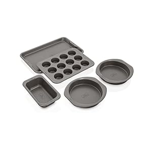Ninja B35005 Foodi NeverStick Premium 5-Piece Bakeware Sheet Set, Oven Safe up to 500⁰F, with 11×17 Inch Baking Sheet, 5×9 Inch Loaf Pan, 12 Cup Muffin Pan, & (2) 9 Inch Round Cake Pans, Grey