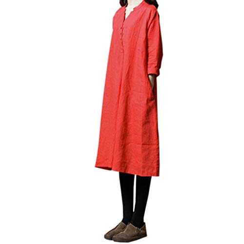 Sunnywill Women Skirt, Deals! Fashion Women Long Sleeve V Neck Button Loose Bohe Casual Long Retro Dress Womens Elegant Durable Skirts for Holiday Vacation Red
