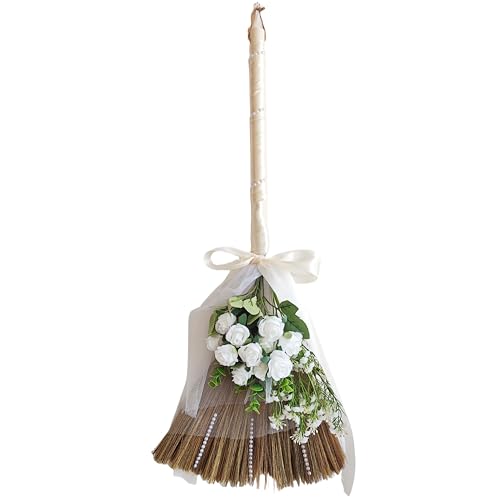 SISIMER Wedding Broom for Jumping Ceremony African American Decorative Broomstick DIY Wedding Decor with White Roses & Babys Breath