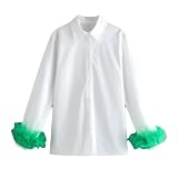 Blusa Blanca Camisa De Mujer De Moda De Manga Larga con Blusas De Fiesta De Plumas Extraíbles Camisas con Botones De Solapa ior De Talla Grande
