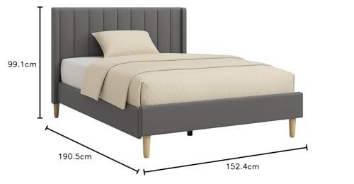 Image of Metal Upholstered Bed Queen Size Without Storage | Wooden Queen Size Cot with Headboard | Double Size Bed for Bedroom | Palang Furniture for Guest Room & Hotels, Grey, (Grey)