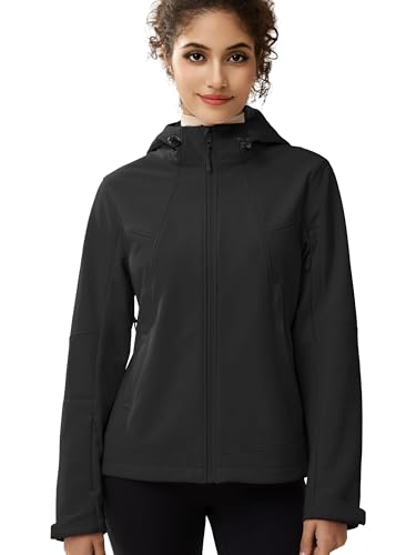 FREE SOLDIER Women's Waterproof Softshell Jacket with Hood Fleece Lined Warm Lightweight Windproof Rain Jacket for Hiking