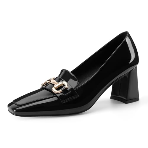 Image of Womens Mid Block Chunky Heeled Loafers Closed Square Toe Patent Leather Comfortable Slip On Pumps Metal Chain Basic Classic Casual Work Office Dress Shoes 2.8 Inches Heels