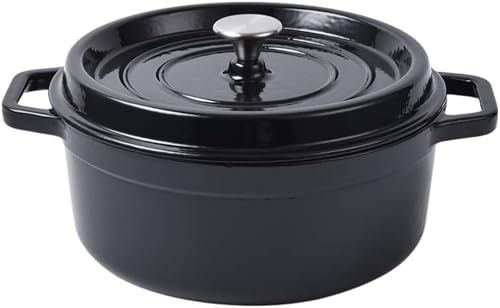 両手鍋、無水調理 、蒸気循環 、耐熱、鋳物鍋、蓋付き 、微圧、IH対応、家庭用 、多機能 、大容量、耐久性のある、結露鍋蓋掃除が簡単、丸型 (21CM,ピュアブラック)