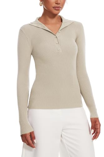 Women's 2024 Fall Button Down Lapel V Neck Long Sleeve Ribbed Knit Casual Slim Tops