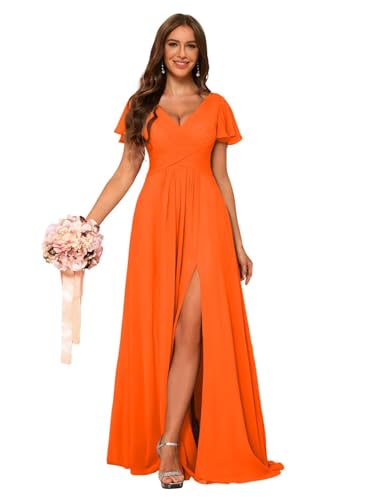 YMSHA Damen Neckholder Böhmische Brautjungfernkleider Rüschen Plissee Hoch Niedrige formelle Kleider mit Taschen YMS143 - Orange - 46 Mehr