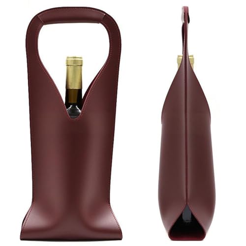 Single Bottle Carrier Lightweight Handbag PU Leather Bag Tote for Housewarming Party Picnic Wedding, Dark Red2