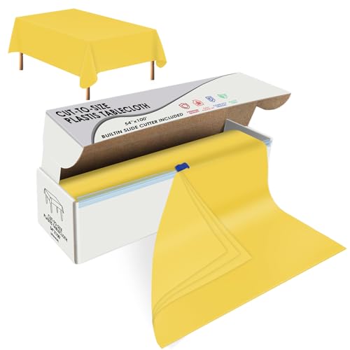 Image of tujol Yellow Disposable Plastic Table Cloth Roll 54 inch X 100', Plastic Table Cover with Cutter Box, Cut to Size Disposable Tablecloth for Parties